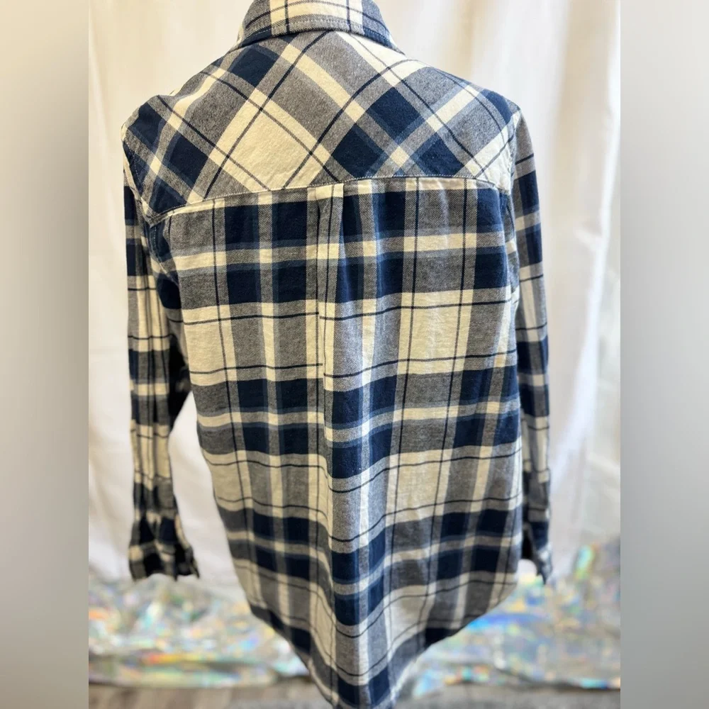 Gap Flannel Shirt Men's L Button Up Blue & White Plaid 100% Cotton Pocket Y2K‎